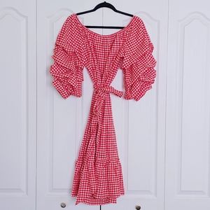 👕 OFF THE SHOULDER GINGHAM MIDI DRESS